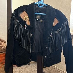 Vintage Bolero Leather Jacket with Suede Fringe, Bolos and Cowhide Design